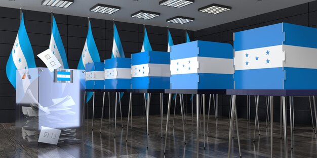 Foto estación de votación de honduras con cabinas de votación y cajas de votación concepto de elección ilustración 3d