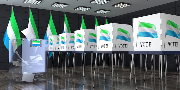 Estación de votación de Sierra Leona con urnas y cabinas de votación concepto de elección ilustración en 3D