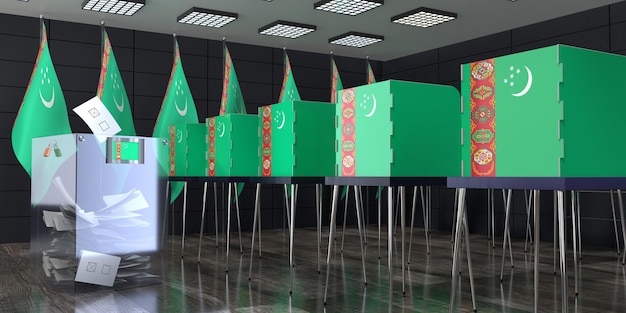 Foto estación de votación de turkmenistán con cabinas de votación y cajas de votación concepto de elección ilustración 3d