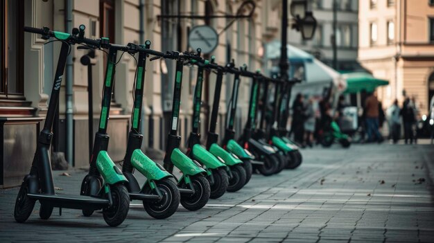 Estacionamento de patinetes elétricos na calçada para alugar uma imagem gerada por IA