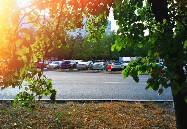 Estacionamento no fundo da cidade de outono