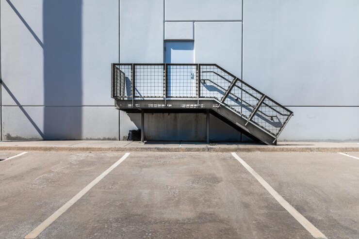Foto estacionamento vazio em frente à entrada de um armazém traseiro