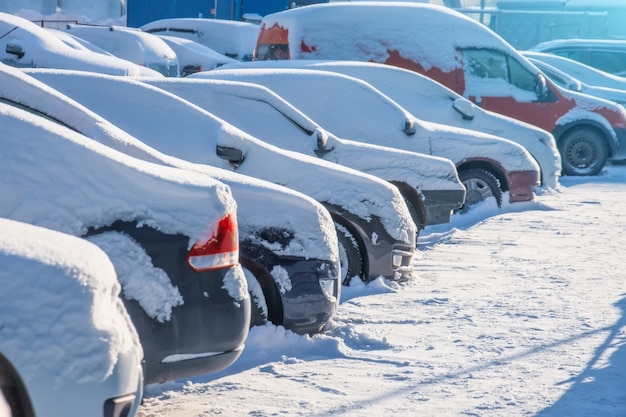 Estacionamiento con autos iluminados por el sol cubiertos de nieve fresca.