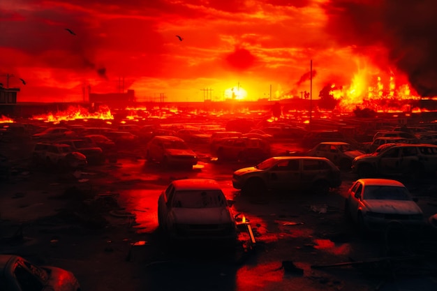 Un estacionamiento con autos quemados El concepto del apocalipsis