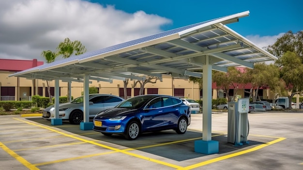 Estacionamiento con batería de panel solar y estación de carga solo para vehículos eléctricos IA generativa