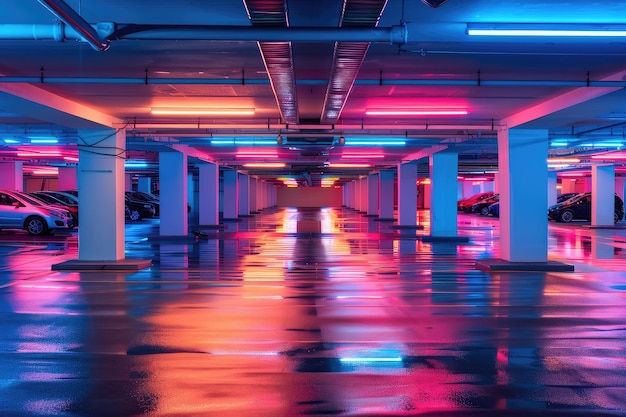Estacionamiento subterráneo de varios niveles de neón en un centro comercial Vida nocturna moderna