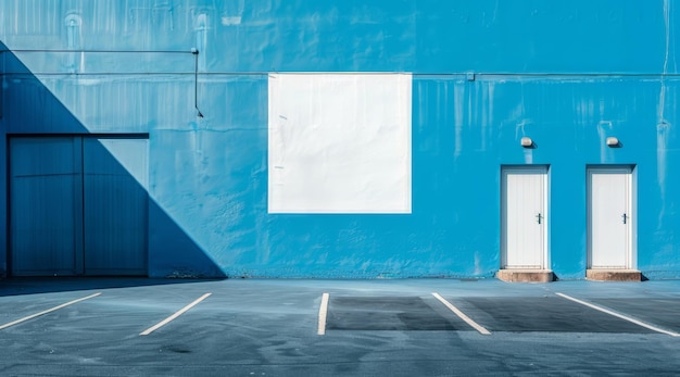 Un estacionamiento vacío con un cartel blanco en blanco en la pared azul