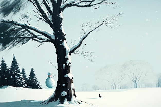 Estacione uma árvore coberta de neve e um boneco de neve em um espaço duplicado de dia de inverno