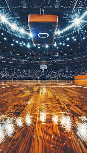 Foto un estadio de baloncesto lleno de luces brillantes que crean una escena deslumbrante y visualmente cautivadora