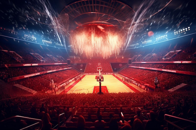 Estadio de baloncesto profesional hecho en 3D con multitud animada