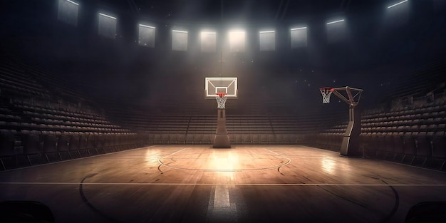 Un estadio de baloncesto vacío con un aro.