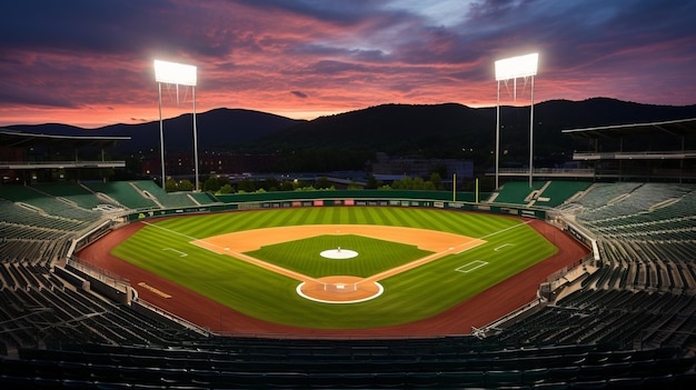 Estadio de béisbol al atardecer