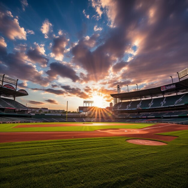 Estadio de béisbol al atardecer