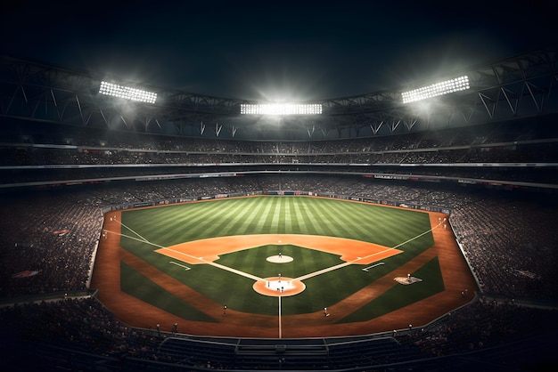 Foto un estadio de béisbol con una vista del campo y la palabra 