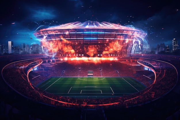Un estadio brillantemente iluminado cautiva con una miríada de luces que brillan brillantemente en el cielo nocturno Arena de fútbol nocturna llena de luces generada por IA