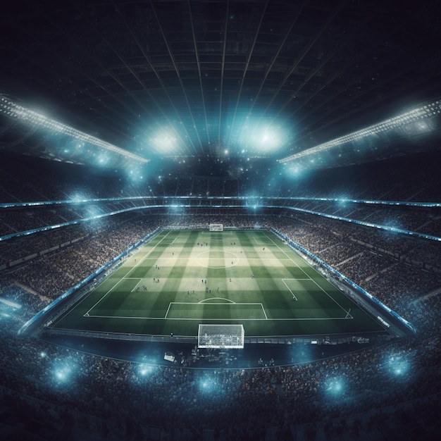 Un estadio con cancha de fútbol y luces.