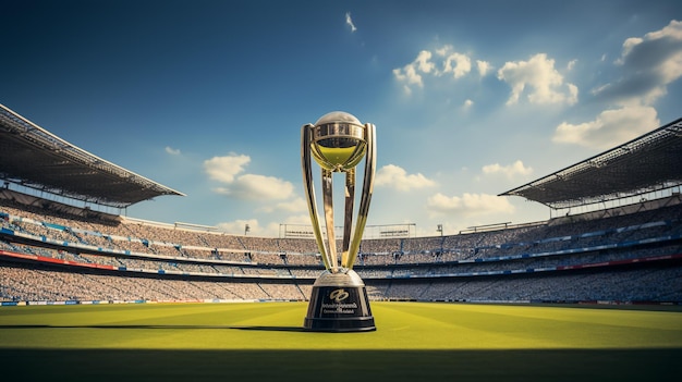 Estadio de celebración con trofeo de la copa del mundo de cricket de 2023 Ilustración de renderización en 3D