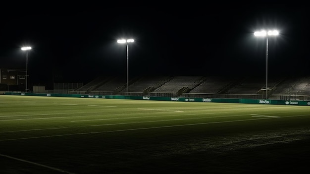 Estadio de césped universal iluminado por focos y patio de juegos de césped verde vacío generativo ai