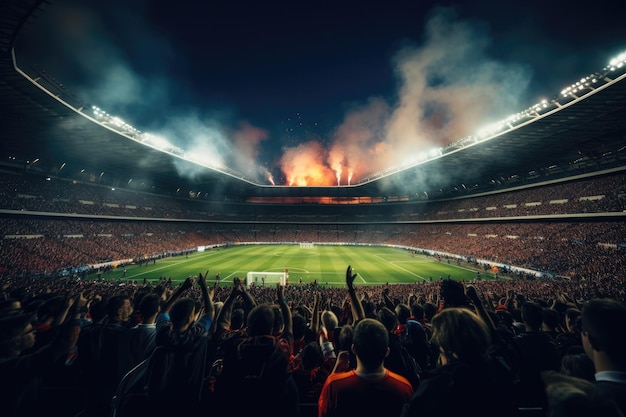 Estádio cheio de fãs animados celebrando a vitória no futebol