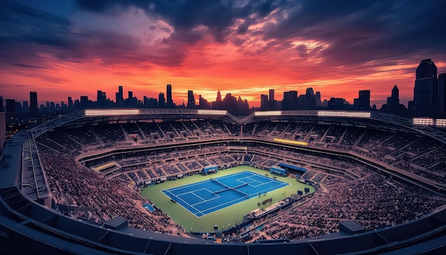estádio cheio de torcedores ao pôr do sol em uma partida de tênis