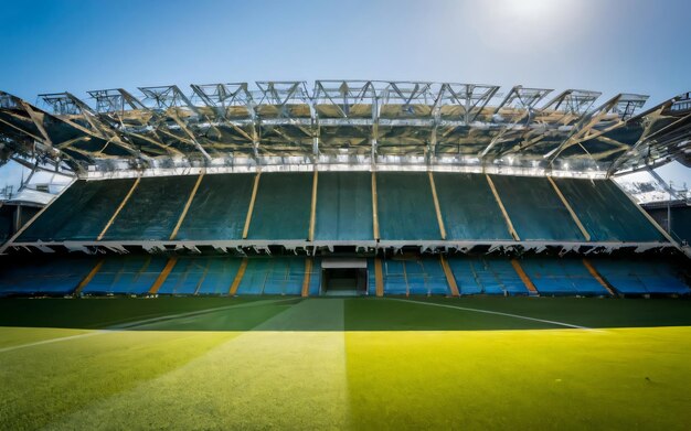 Estadio de cricket con hierba verde y cielo azul