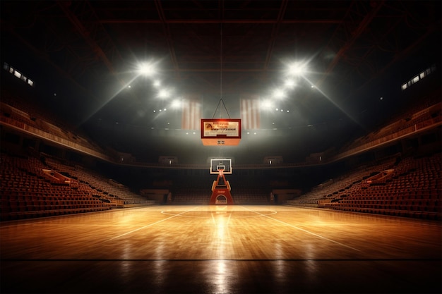 estadio cubierto con pelota de baloncesto volando hacia la luz