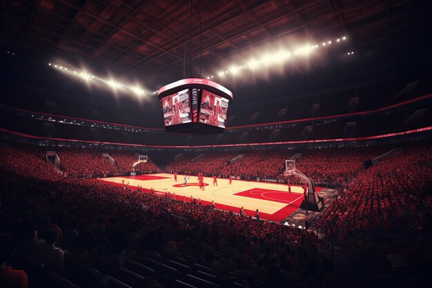 Foto estádio de basquete profissional feito em 3d com multidão animada