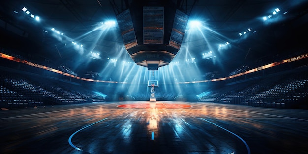 Foto estádio de basquete vazio, estádio de esportes com lanternas e assentos de fãs