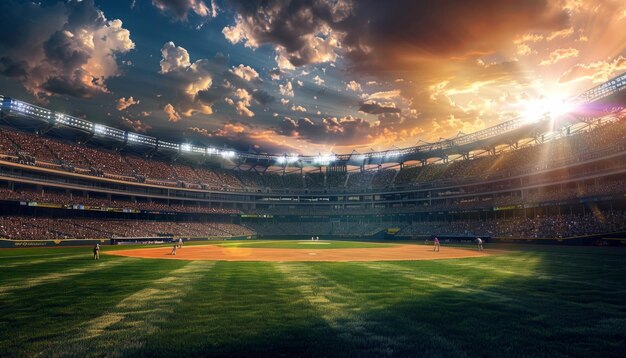 Foto estádio de beisebol profissional espalhado iluminado pela luz do sol brilhante enfatiza meticulosamente