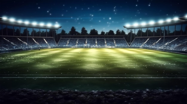 Estádio de futebol à noite com luzes brilhantes