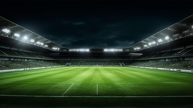 Estádio de futebol à noite com luzes brilhantes