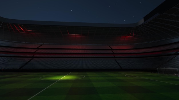 Estádio de futebol à noite. Um estádio imaginário é modelado e renderizado, ilustração 3d