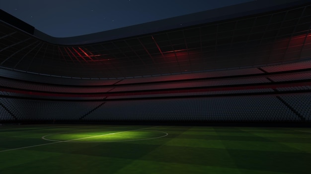 Estádio de futebol à noite. Um estádio imaginário é modelado e renderizado, ilustração 3d