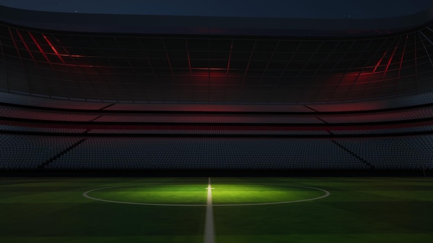 Estádio de futebol à noite. Um estádio imaginário é modelado e renderizado, ilustração 3d