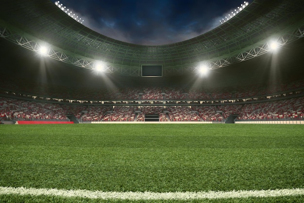 Foto estádio de futebol com arquibancadas lotadas de torcedores esperando o jogo noturno d renderização