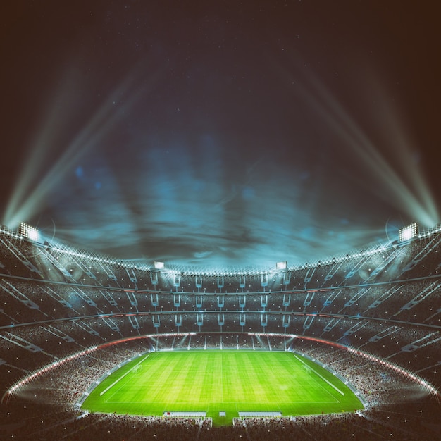 Foto estádio de futebol com arquibancadas lotadas de torcedores esperando o jogo noturno