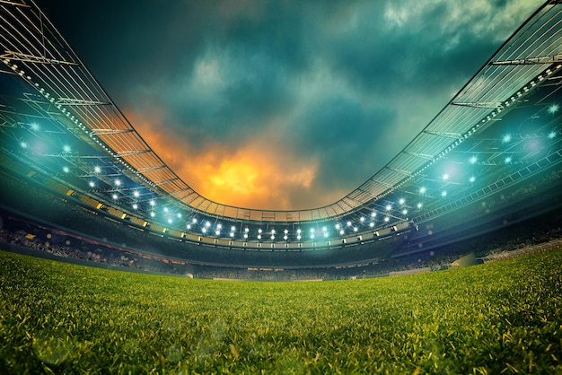 Estádio de futebol com as arquibancadas lotadas de torcedores aguardando a renderização do jogo