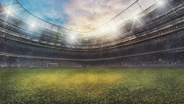 Estádio de futebol com as arquibancadas lotadas de torcedores esperando o jogo. Renderização 3D