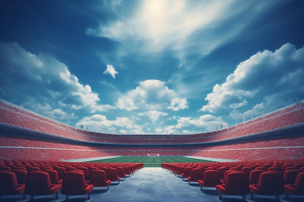 Estádio de futebol com assentos sobre o céu com nuvens criadas usando tecnologia de IA generativa