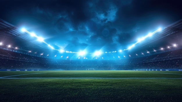 Estádio de futebol com campo verde e luzes brilhantes