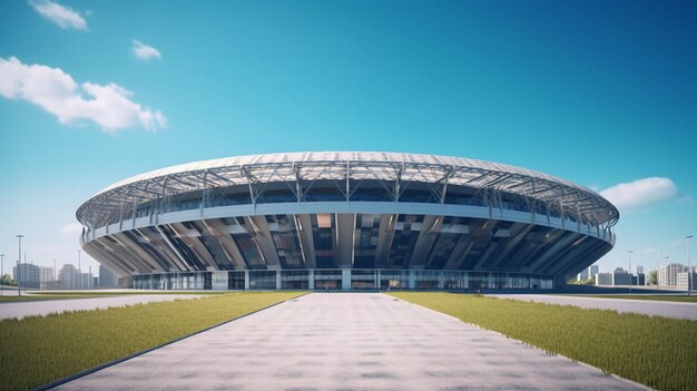 Foto estádio de futebol com grama verde e céu azul e à noite