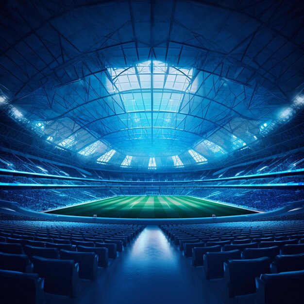 Foto estádio de futebol com grama verde e céu azul e à noite