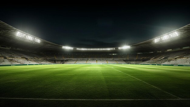 Estádio de futebol com grama verde e céu azul e à noite