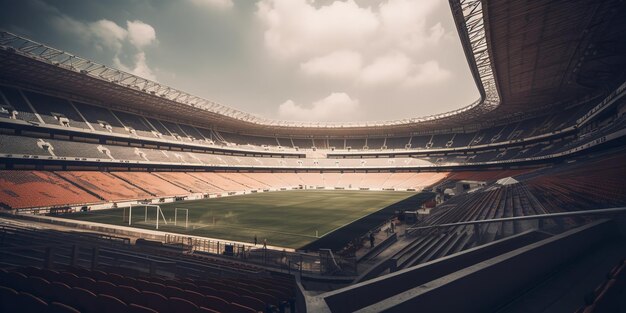 Foto estádio de futebol com grama verde e retroiluminado futebol vista panorâmica do campo de futebal estádio e assentos do estádio