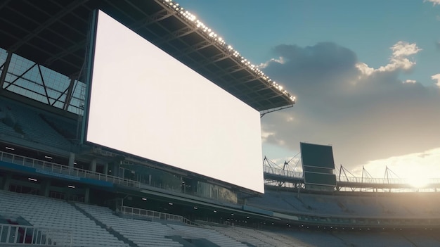 Estádio de futebol com um outdoor branco prístino pronto para publicidade sob um céu limpo