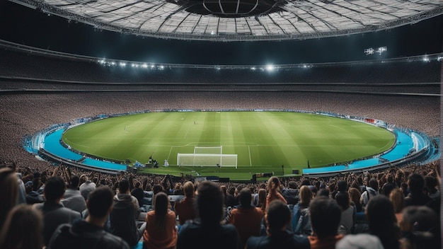 Estádio de futebol com um telhado azul e uma multidão a ver o jogo.