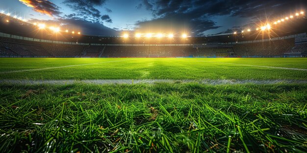 Estádio de futebol iluminado no Twilight Empty Field com luzes brilhantes