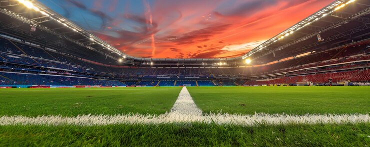 Estádio de futebol iluminado por luzes de estádio contra um deslumbrante horizonte do pôr-do-sol