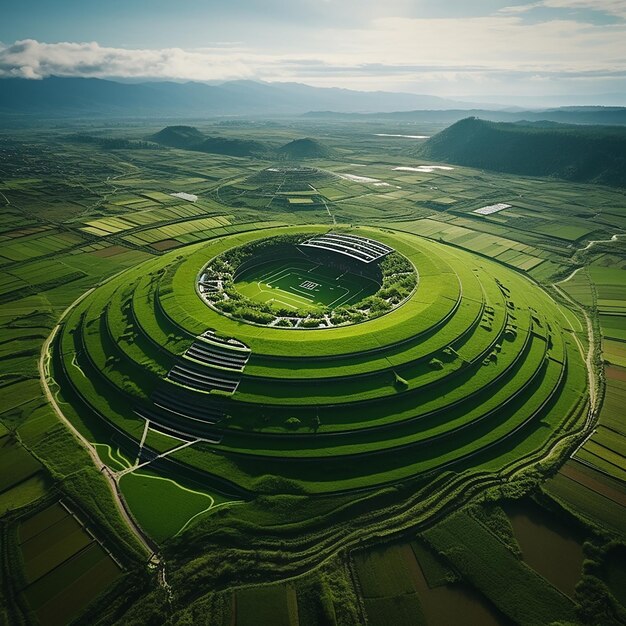 Foto estádio de futebol no meio de campos de arroz verdes e espaçosos