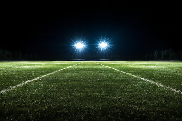 Estádio de futebol vazio e iluminado à noite com fundo de campo verde